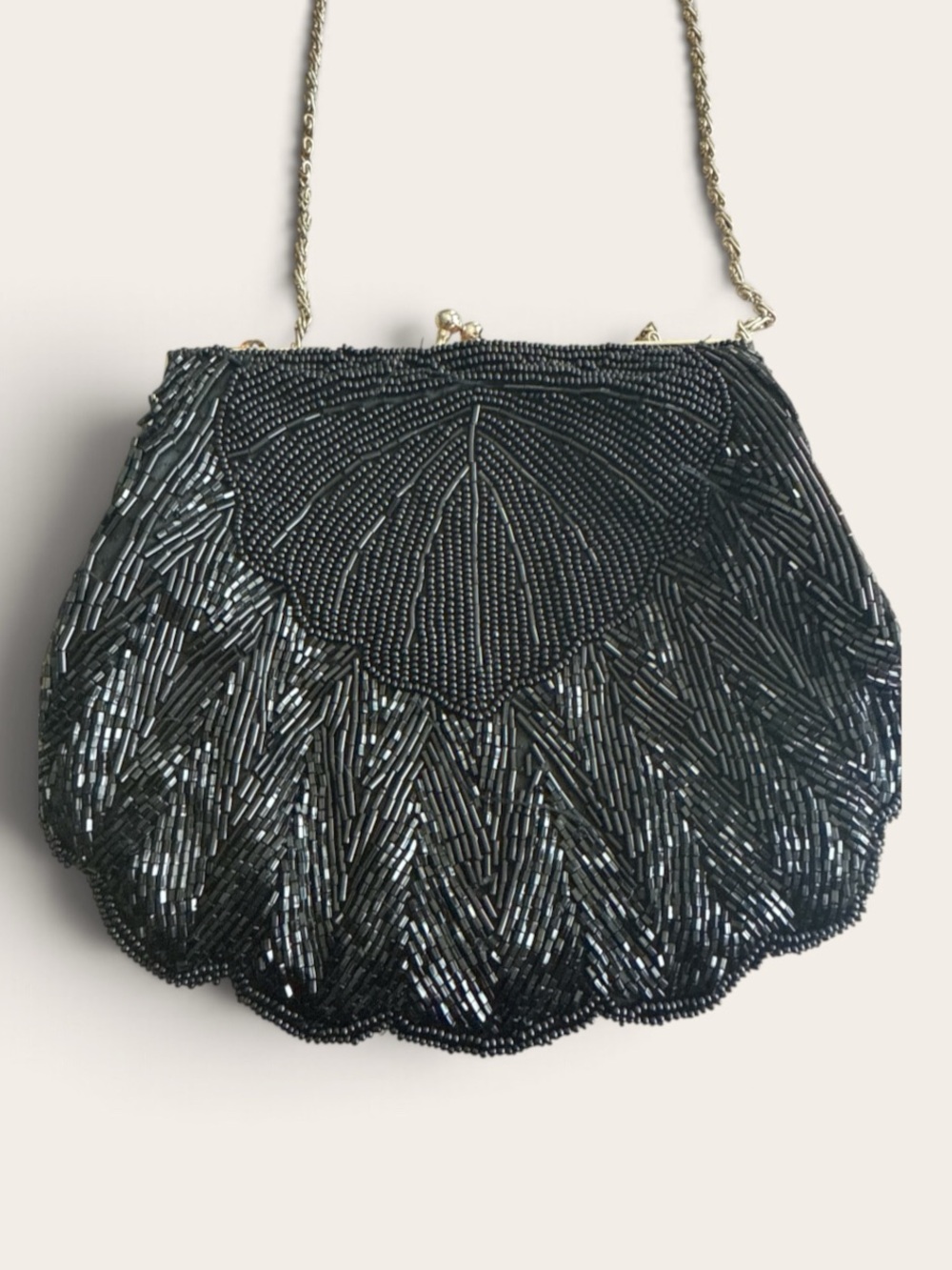 Vintage LaRegale Black Beaded Shell Evening Bag with Chain Strap